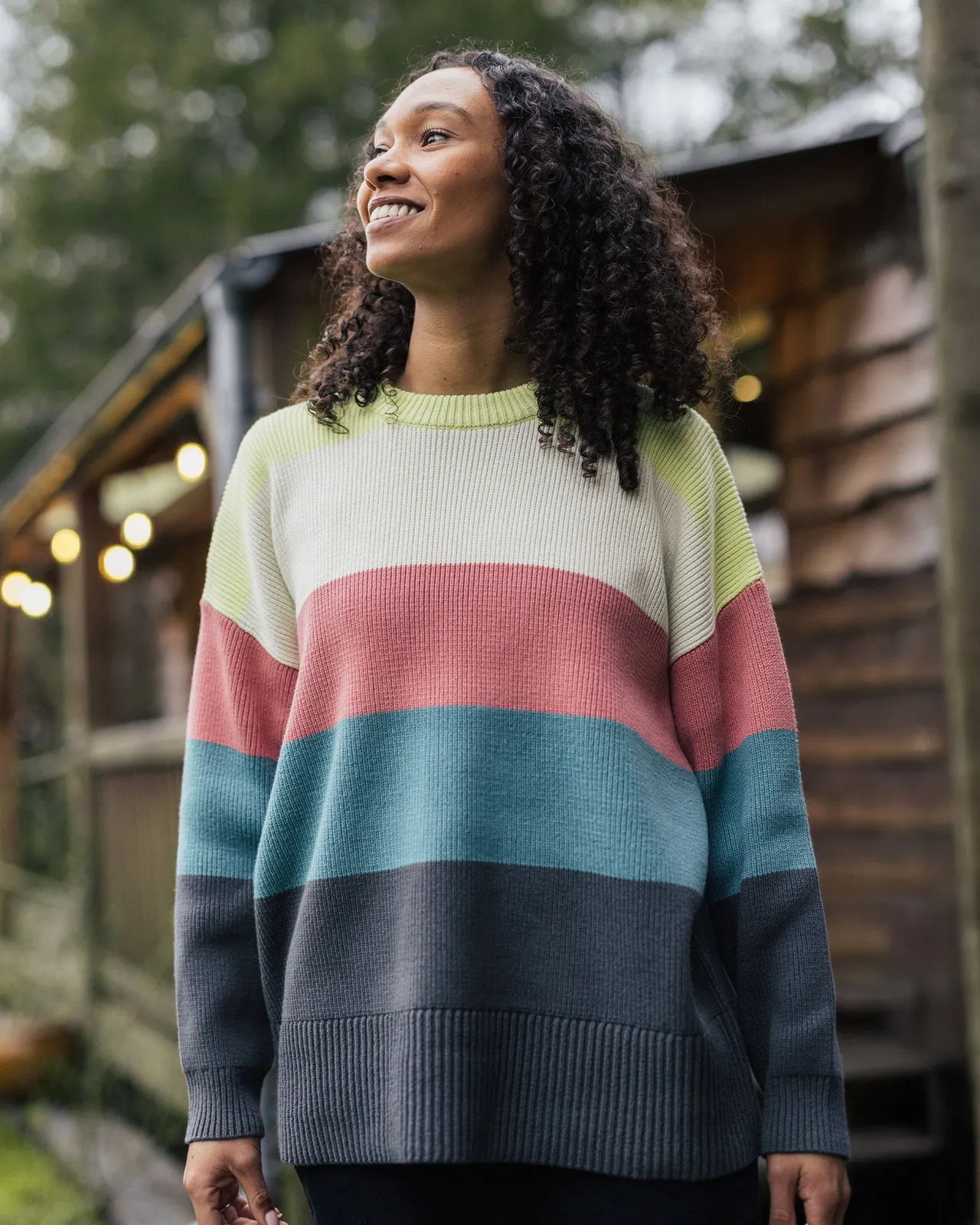 Cheap Moments Übergroßer Bio-Strickpullover - Limette Multi Streifen Damen Strickwaren