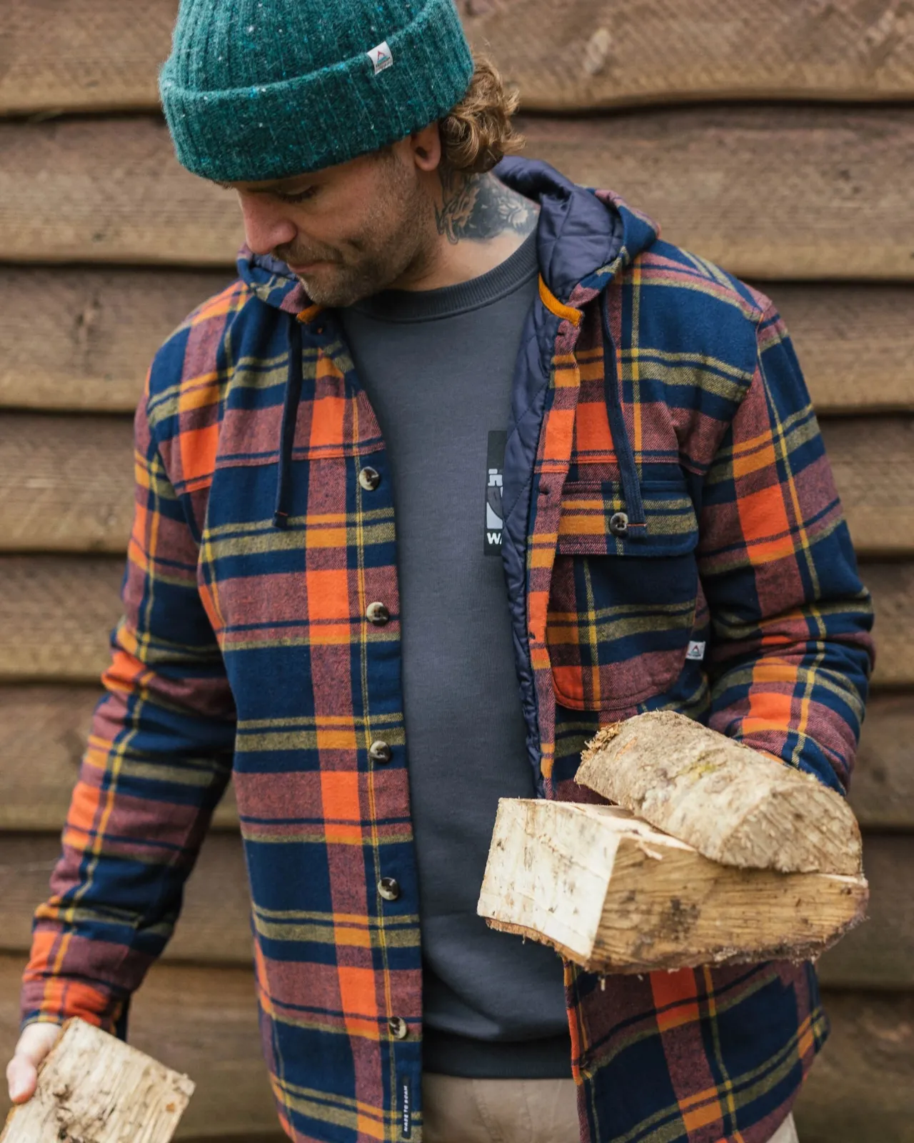 Online Sherwood kariertes Kapuzenhemd - Tiefes Marineblau/Verbranntes Orange Herren Hemden | Hemdjacken