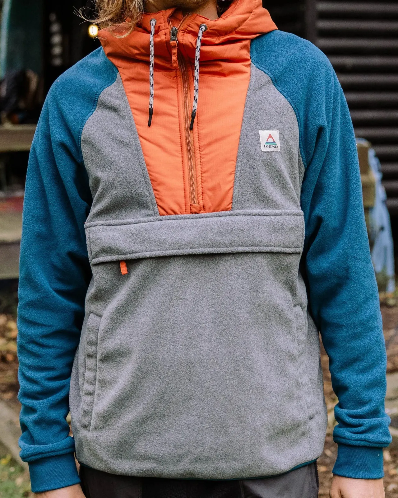 Clearance Woodland Kapuzenpullover mit 1/2 Reißverschluss aus recyceltem Polarfleece - Graumeliert / Gezeitenblau Herren Fleece | Fleece
